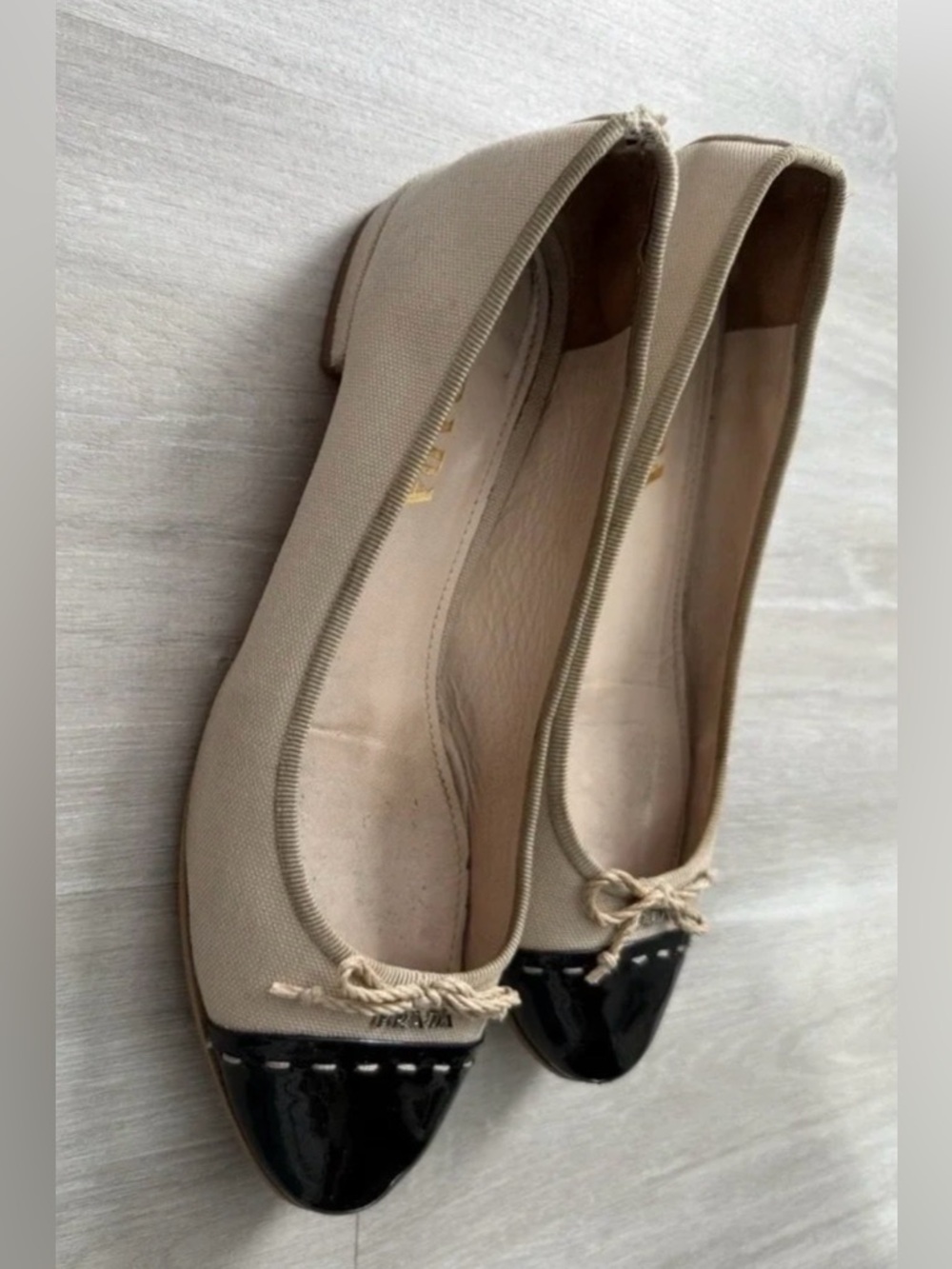 Prada Canvas Cap Toe Ballet Flats Beige Black Women Sz 7 - Picture 8 of 15